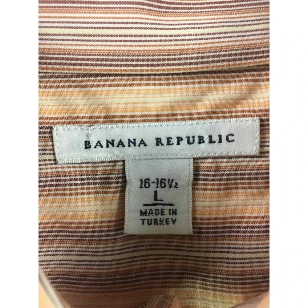 Banana Republic Button‎ Front Shirt L 16 16.5 Orange Red White Stripe Mens